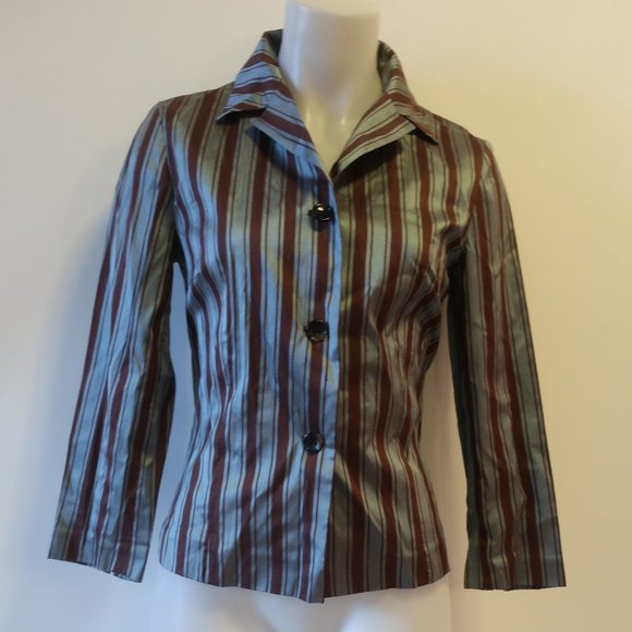 WOMENS ALBERTO BIANI BLUE BROWN STRIPED SILK BLOUSE TOP 44 US/M * - Picture 2 of 11